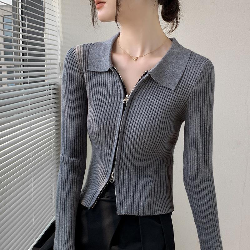 Korean Style Zippered Polo Collar Knitted Cardigan Jacket, Slim Fit, Fashionable and Versatile, Long-Sleeved Sweater for Women, New Autumn and Winter Style Korean Style Zippered Polo Collar Knitted Cardigan Jacket, Slim Fit, Fashionable and Versatile, Long-Sleeved Sweater for Women, New Autumn and Winter Style
