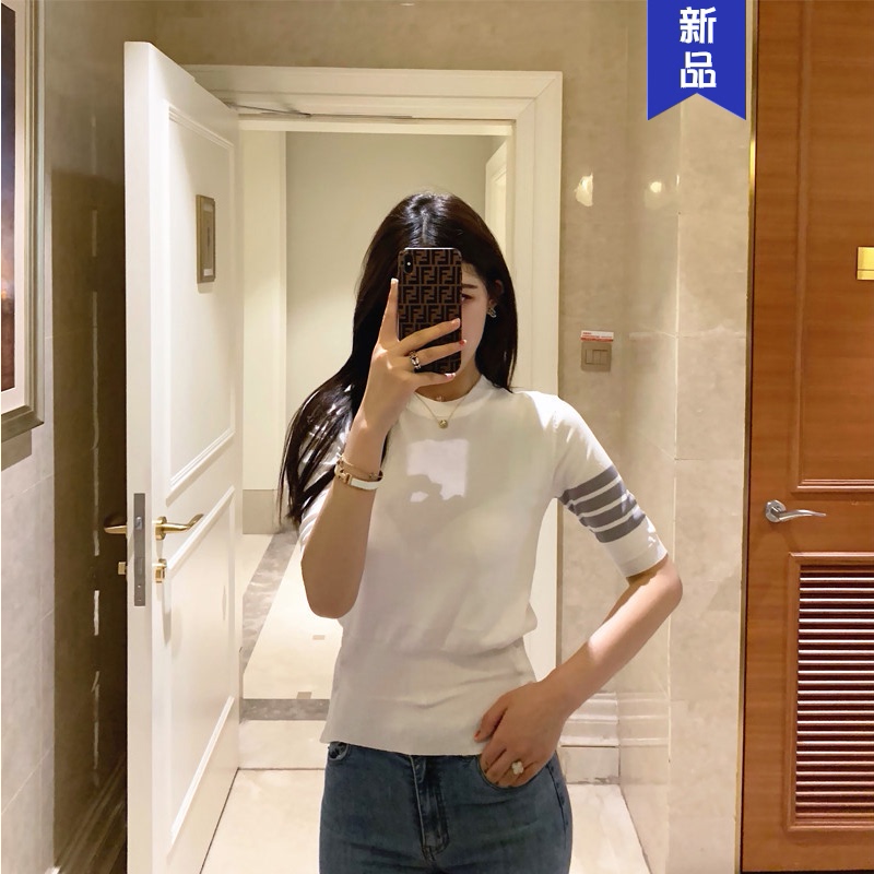 Thom browne 2021 summer TB short sleeve four bars ice silk knit base shirt men's and women's round neck top T-shirt