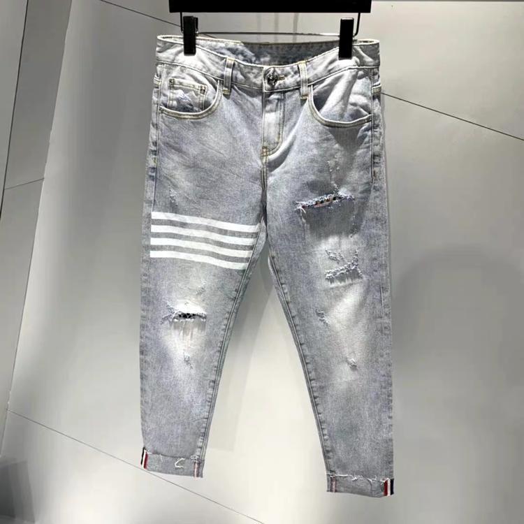 TB Thom 2021tb Korean version of light-colored rolled-edge pants nine-point hole straight jeans all-in-one tide