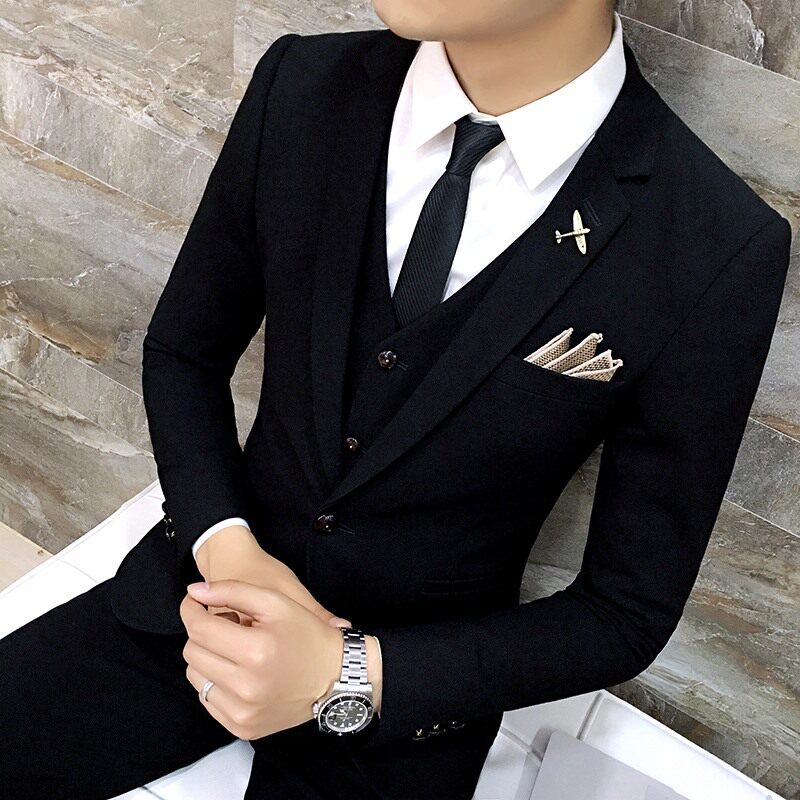 Spring and Autumn High-end Black Suite Men Leisure Trend Tailored Bride Costume Costume Dress
