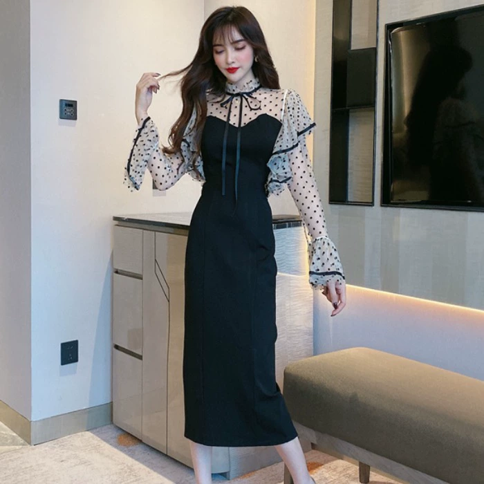 Mùa hè mới mặc thời trang 2020 khí chất lưới nối polka dot dài tay áo cao eo túi đeo hông quần áo mỏng - Váy eo cao