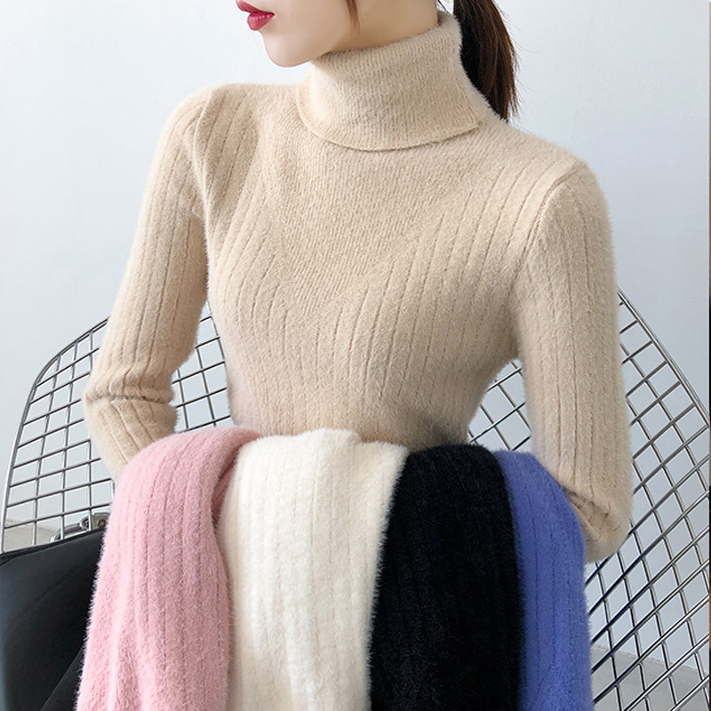 Turtleneck sweater knitted base shirt Women autumn winter clothing 2021 New imitation mink fleece coat slim winter thickened