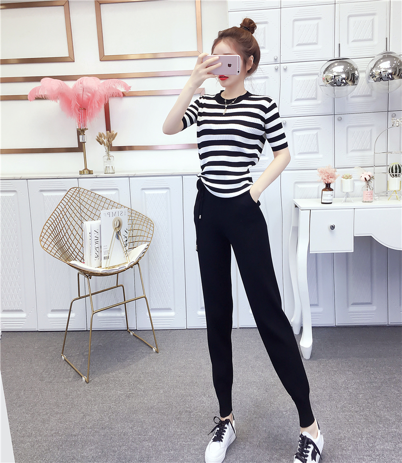 VK旗艦店 韓系休閒條紋抽繩針織套裝短袖褲裝