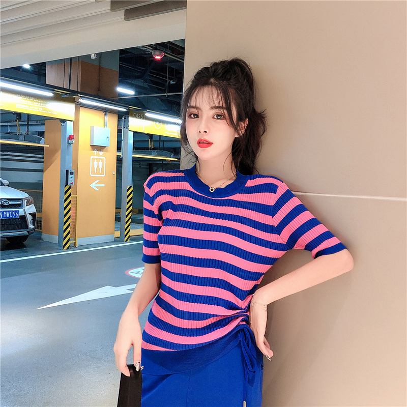 VK旗艦店 韓系休閒條紋抽繩針織套裝短袖褲裝
