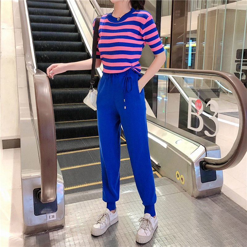 VK旗艦店 韓系休閒條紋抽繩針織套裝短袖褲裝