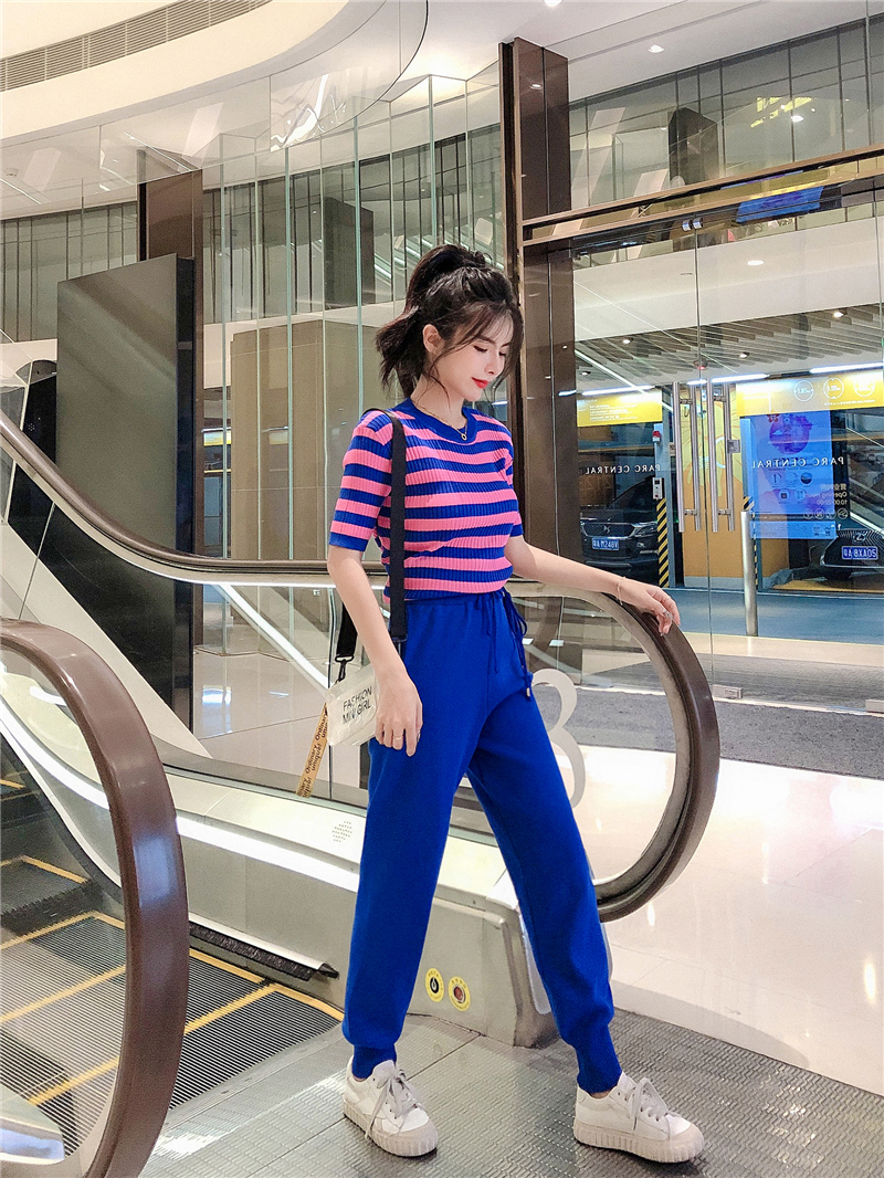 VK旗艦店 韓系休閒條紋抽繩針織套裝短袖褲裝