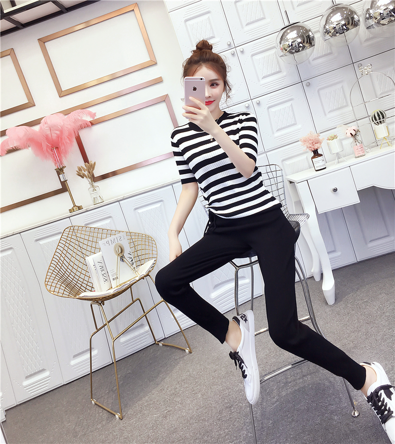 VK旗艦店 韓系休閒條紋抽繩針織套裝短袖褲裝