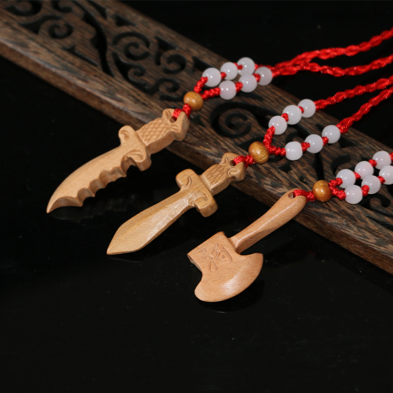 Natural peach wood sword axe knife children's pendant decoration baby shock carry-on necklace handmade wood carving pendant