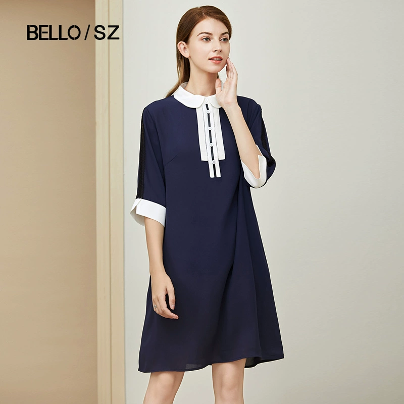 Đường khâu tương phản màu cổ váy búp bê BELLO SZ2021 mùa hè mới váy rời dài giữa màu xanh đậm - váy đầm