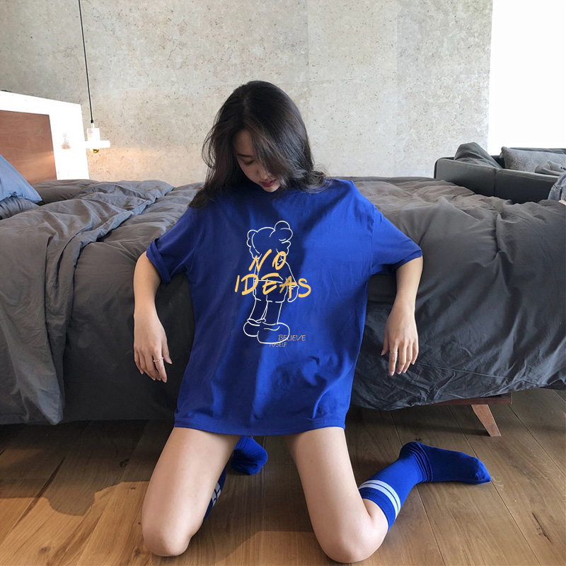 Trendy Royal Blue Niche T-Shirt Short Sleeve Women's Ins 2021 New Bf Style Loose Couple Outfit Half-Sleeve Fashion