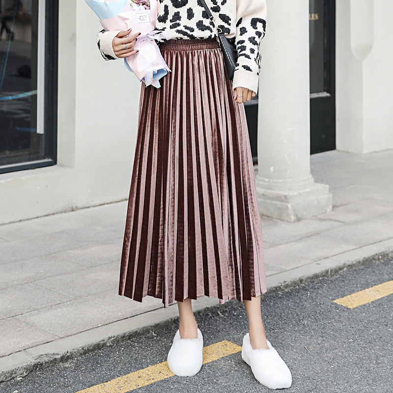 金丝绒百褶裙女秋冬季2018新款ins潮韩版高腰