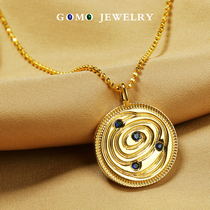 Guomao jewelry 18K gold necklace Female retro round card sapphire pendant Gold medal necklace Real diamond gold coin clavicle chain