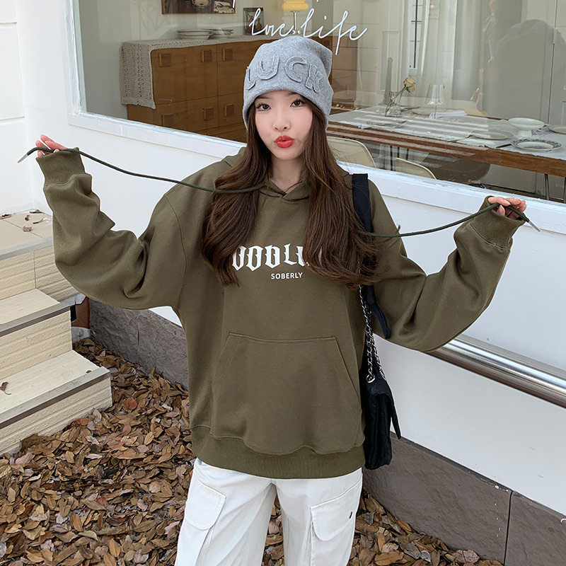 Green Sweatshirt for Women, Spring and Autumn 2023 New Style, Loose and Lazy Style Long-Sleeved Top, Autumn and Winter Hooded Fleece Jacket