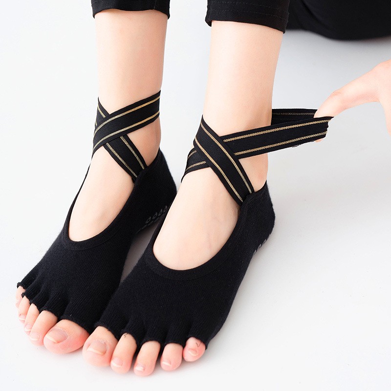 Yoga open toe socks bag toe yoga socks Professional non-slip five-finger gold silk cross strap yoga socks