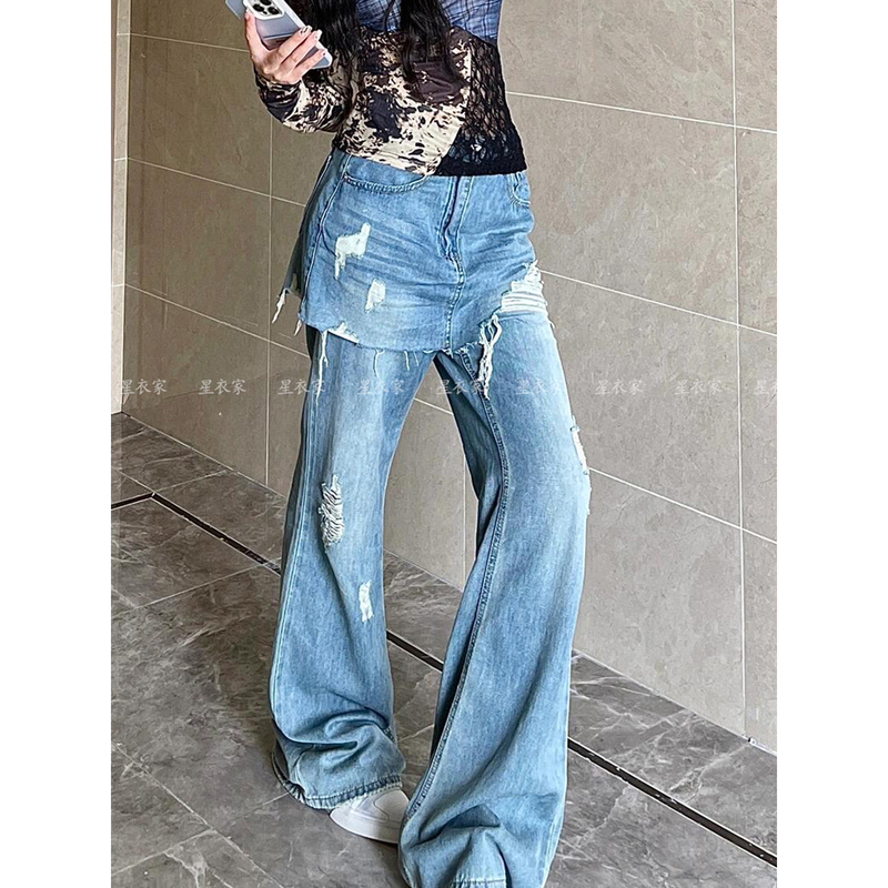 Designed with a Vintage Distressed Look, Ripped Patchwork Skirt-Pants for Women, New Spring Style, Retro Slim-Fit Fake Two-Piece Floor-Length Pants