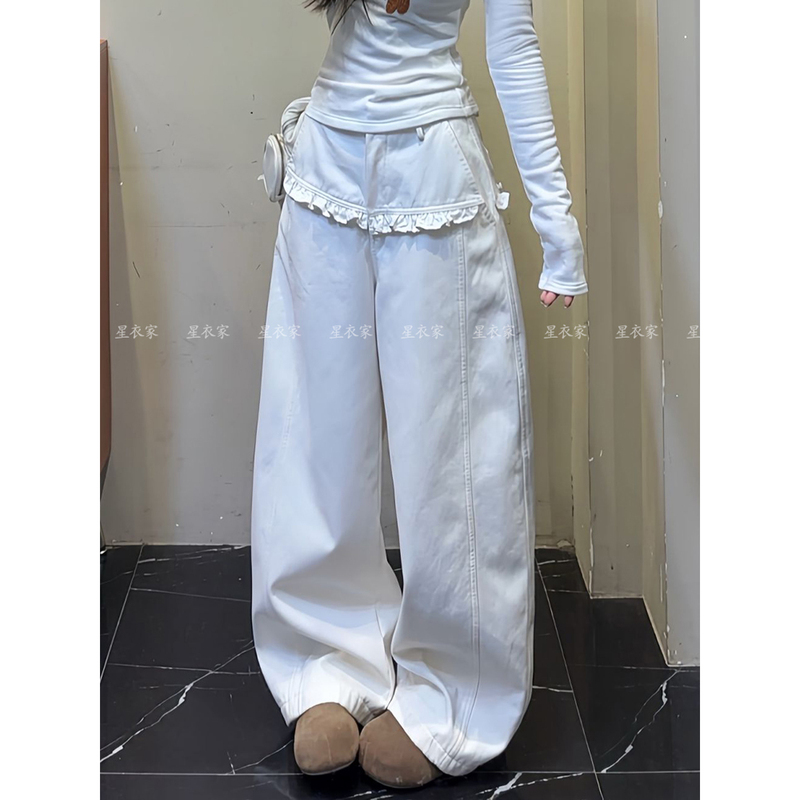 American-Style Spicy Girl Design with Lace Trim, Vintage White Loose-Fitting Boyfriend-Style Lazy Floor-Length Jeans for Women