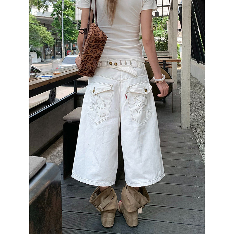 American-Style Spicy Girl Adjustable Paris Buckle Design Washed Denim Pants for Women, New Summer Loose-Fitting Cropped Pants