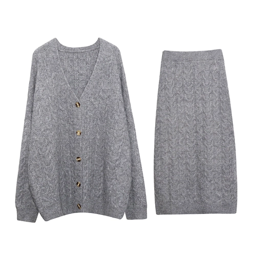 Свитер для отдыха с косичкой, трикотажный кардиган, юбка, комплект, свободный крой, V-образный вырез