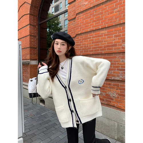 Демисезонный свитер, куртка, лонгслив, кардиган, V-образный вырез, в корейском стиле, свободный крой, подходит для подростков