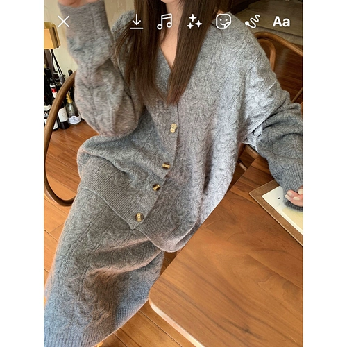 Свитер для отдыха с косичкой, трикотажный кардиган, юбка, комплект, свободный крой, V-образный вырез