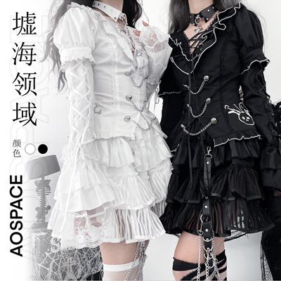 Oxygen-deficient outer space [Xu Hai Domain] Original black and white sleeved slimming versatile V-neck striped puffy mini skirt