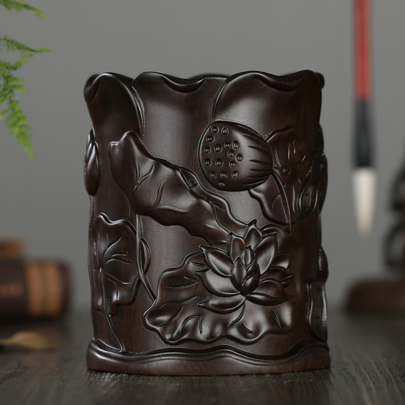 Yaxuan Zhai Mahogany pen holder Handicraft decoration wood carving Solid wood rosewood red acid branch Ebony wood lotus pen holder