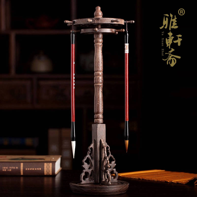11-pin mahogany pen holder brush hanging large retro display calligraphy supplies Solid wood antique creative adult brush pen holder Chicken wing wood brush shelf Wenfang four treasures set ornaments