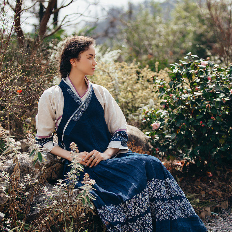 New My native Blue indigo Dyed Maple Aromas Handmade Lady Kan Shoulder Traditional Reengraving Vest New Frontier Cotton