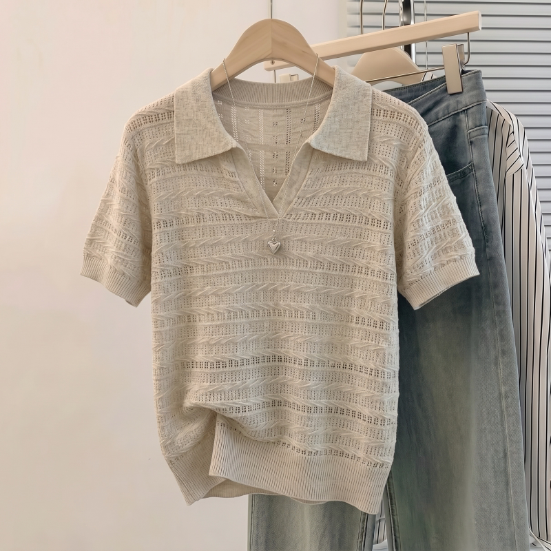 Thin Hollow-Out Knit Polo Collar Short-Sleeve T-Shirt for Women 2026 New Summer Plus Size Fat Girl Old Money Style Top