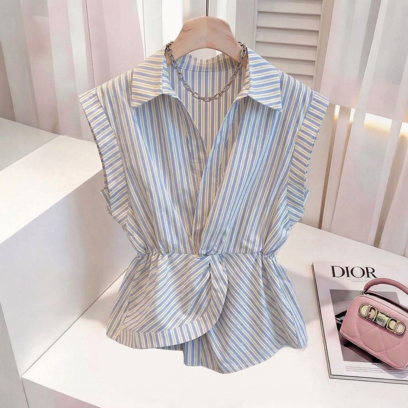 V-Neck Striped Sleeveless Vest Shirt for Women 2026 New Summer Plus Size Slimming Irregular Top