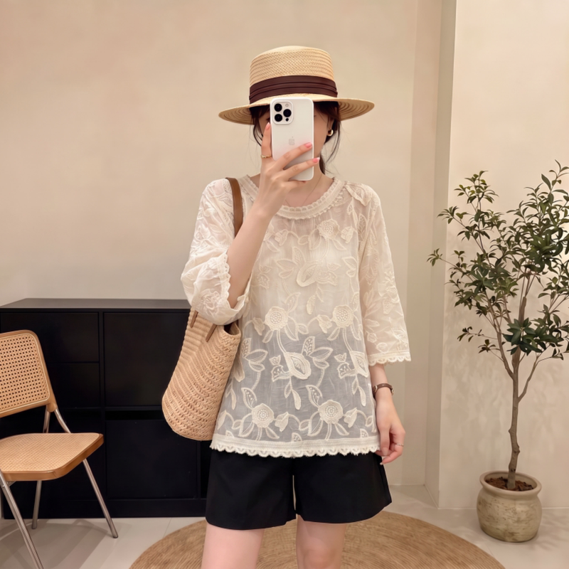 Bohemian Style Three-Dimensional Crochet Half-Sleeve Shirt for Women 2026 New Summer Plus Size Slimming and Stylish Top Bohemian Style Three-Dimensional Crochet Half-Sleeve Shirt for Women 2026 New Summer Plus Size Slimming and Stylish Top