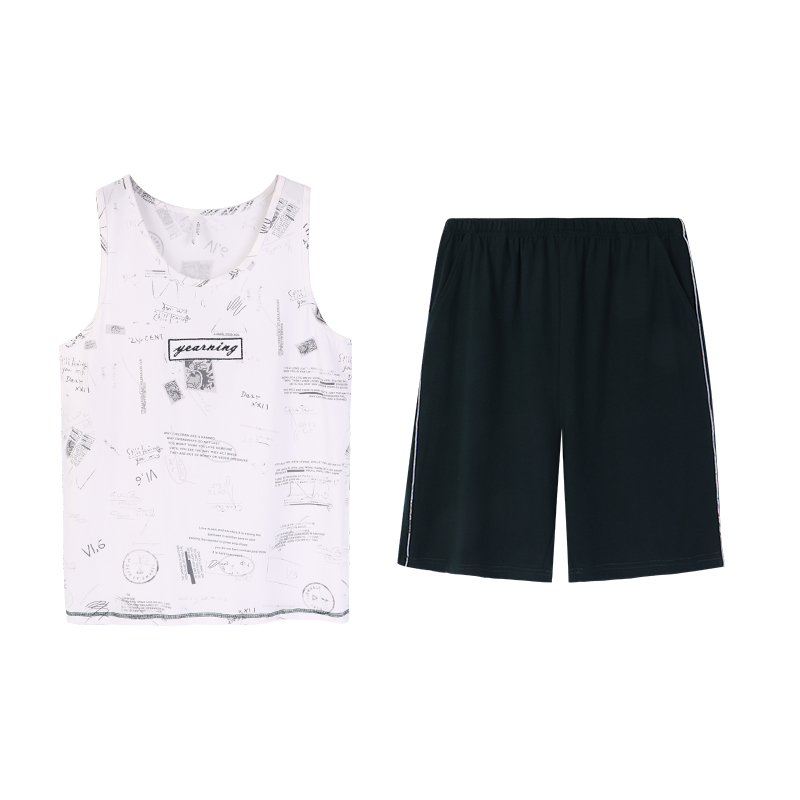 Anns đồng pajamamens mùa hè bông vest quần năm điểm đơn giản thường lỏng lẻo thể thao quần áo nhà phù hợp với bông.
