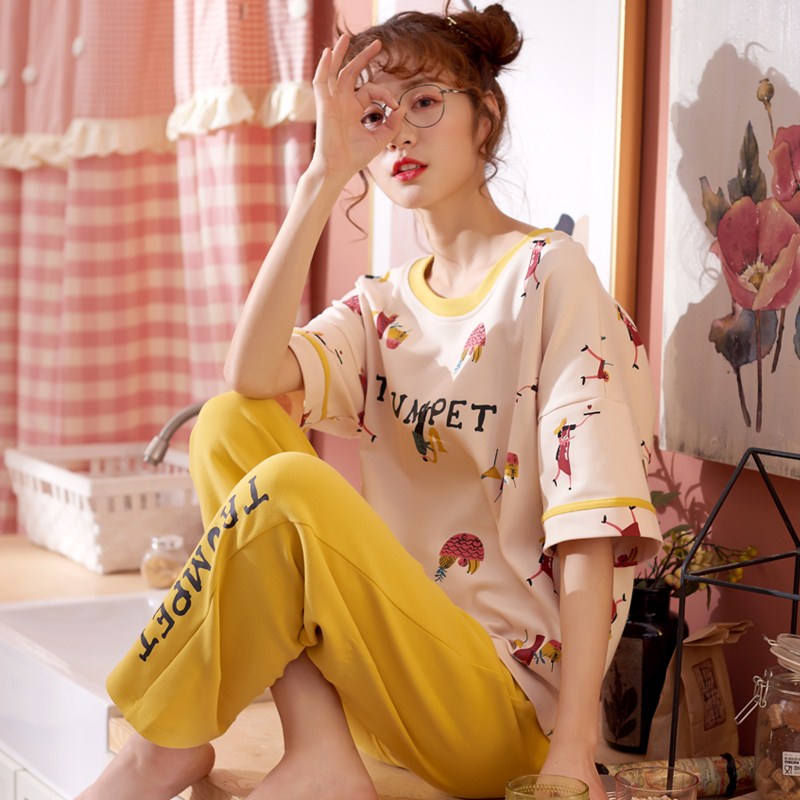 Pajama womens mô hình mùa hè quần ngắn tay bông mỏng có thể đi ra ngoài vào mùa xuân và mùa thu thường hai mảnh bộ 2020 nhà quần áo.