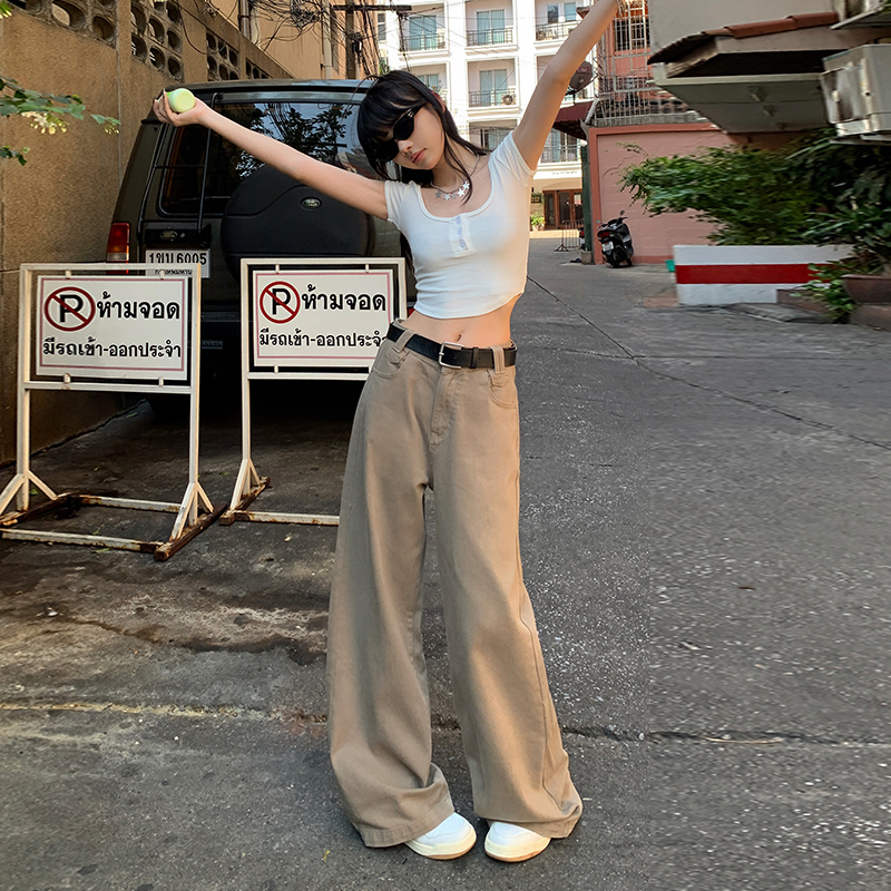 American-Style Wide-Leg Jeans for Women, 2025 Autumn New Khaki High-Waisted Loose Slimming Drape Straight-Leg Casual Pants