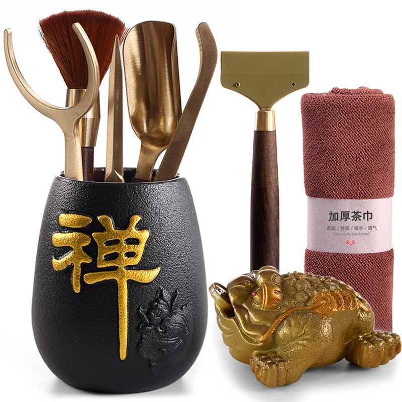 Six Kung Fu gentleman set tea set accessories ebony solid wood household group tea clip tea spoon tea needle brush