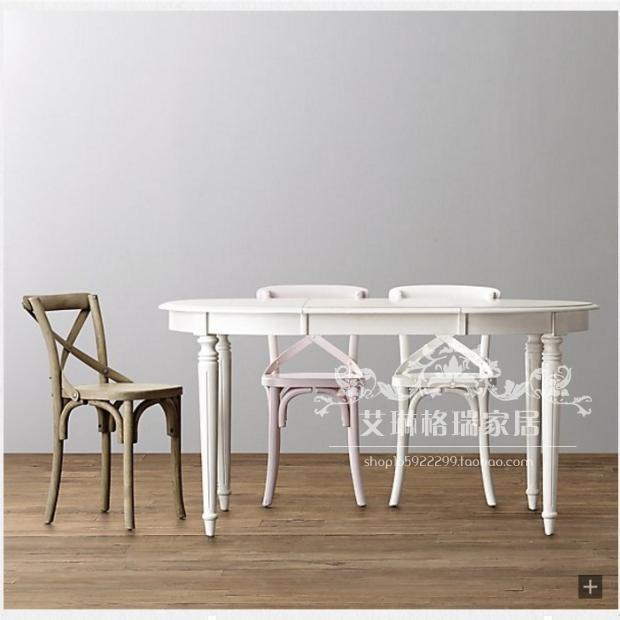 Retro Modern American Countryside Solid Wood Oval Table with stretch elliptical table French style white rub old dining table