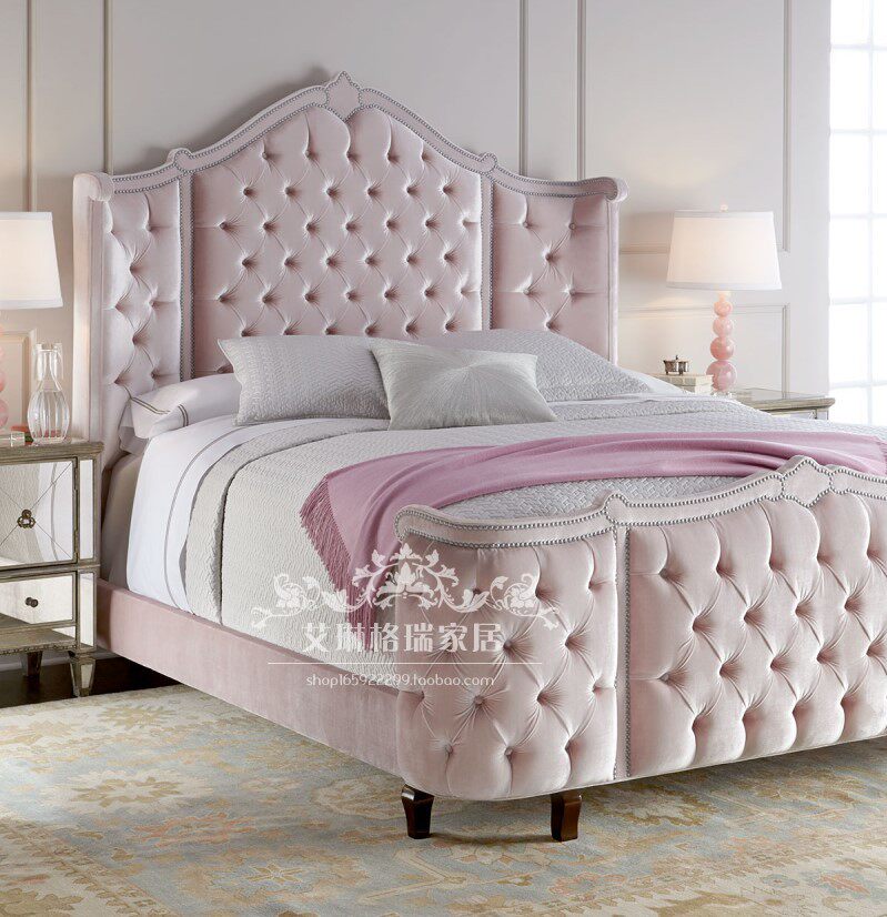 Eurostyle Pink Princess Bed Children Cloth Art Solid Wood Pull Button Single Double Girl Bed Leather Art Wedding Bed Manufacturer Direct