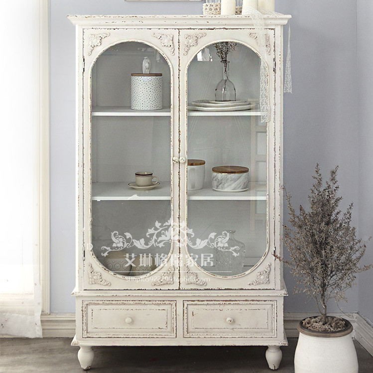 American Country Antique White Does the Old Wood Bookcabinet Cabinet Glass Opening Wine Cabinet Carving Children's Doll Cabinet