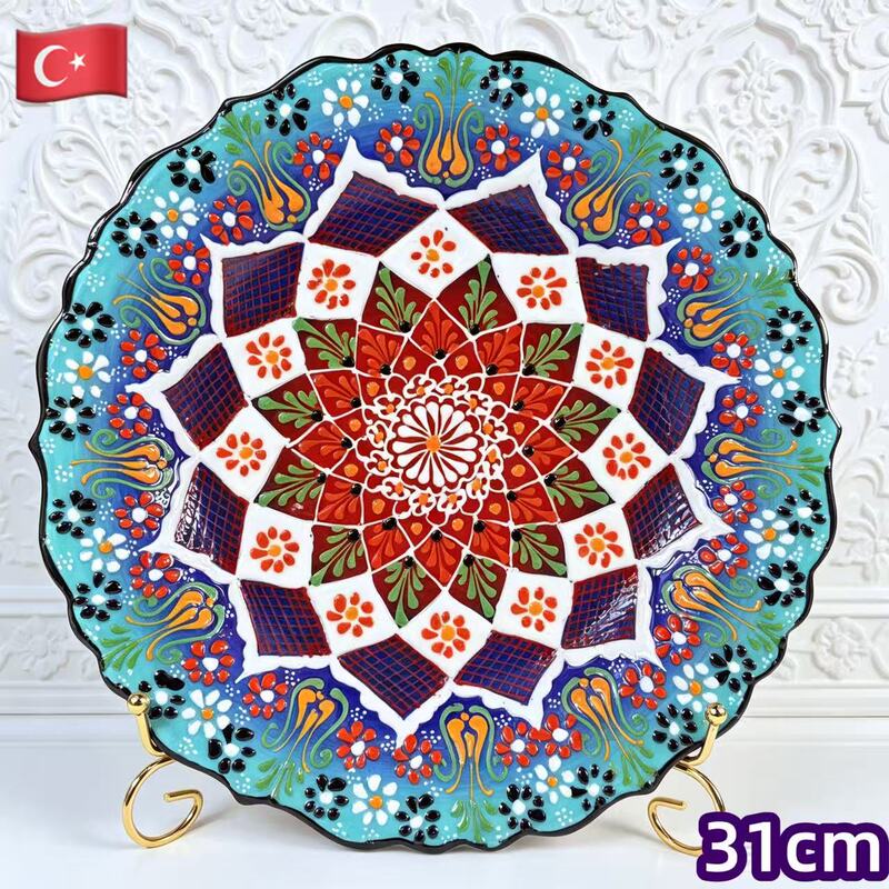 Turkish Imported Handmade Hand-Painted Ceramic Plate 31cm European-Style Living Room Hanging Plate Decorative Fruit Plate Trendy Ornament Turkish Imported Handmade Hand-Painted Ceramic Plate 31cm European-Style Living Room Hanging Plate Decorative Fruit Plate Trendy Ornament