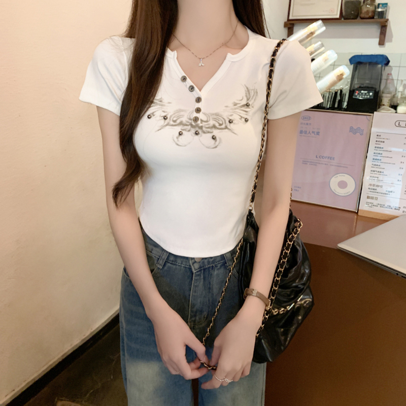 White V-Neck Regular Shoulder Short-Sleeve T-Shirt for Women, Summer 2026 New Slim-Fit Tight-Fitting Petite High-Waisted Short Top