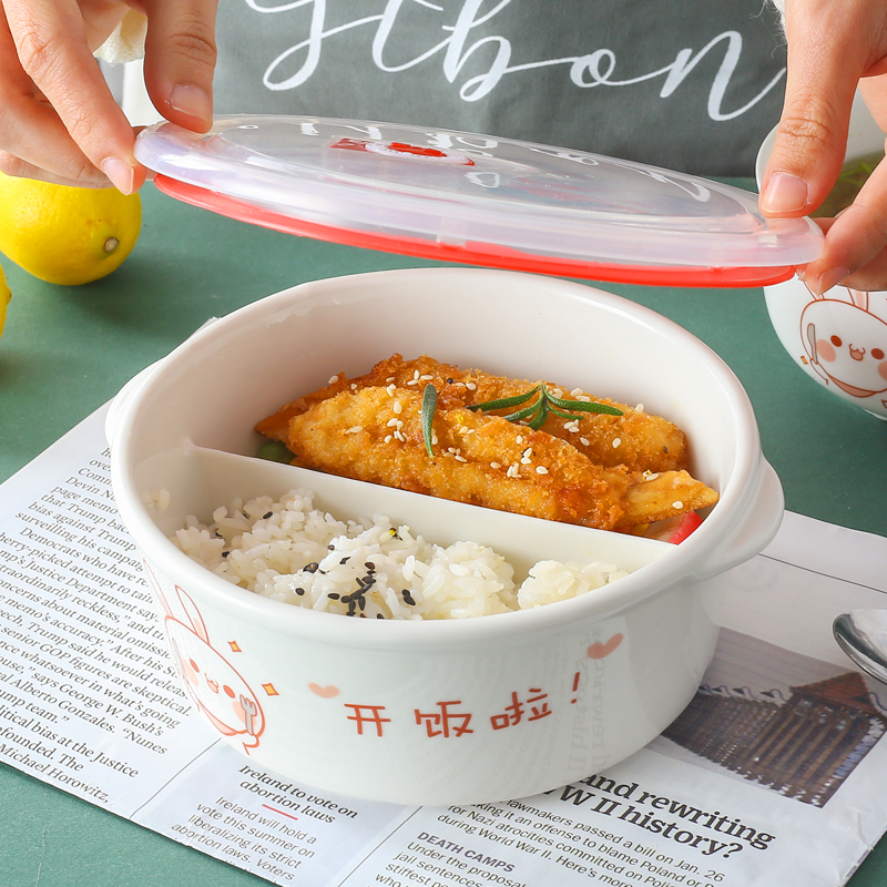 Ceramic lunch box circular sealed microwave oven dividing dining bowl students with box cover preservation box