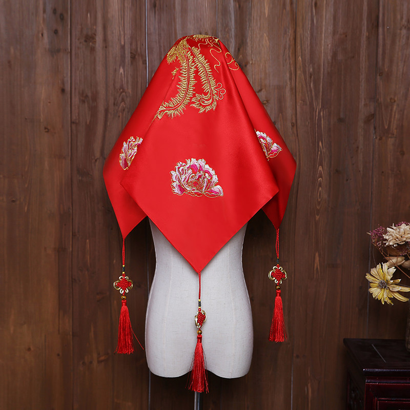 baby Same Bridal Hijab Red 2021 New Wedding Red Hijab Veil Phoenix Peony Chinese Wedding Embroidery
