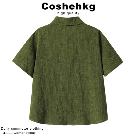 Рубашка Coshehkg в стиле ретро с воротником-стойкой, свободного кроя, с короткими рукавами, для женщин, новый летний стиль, приталенная верхняя одежда с карманами, элегантный топ.