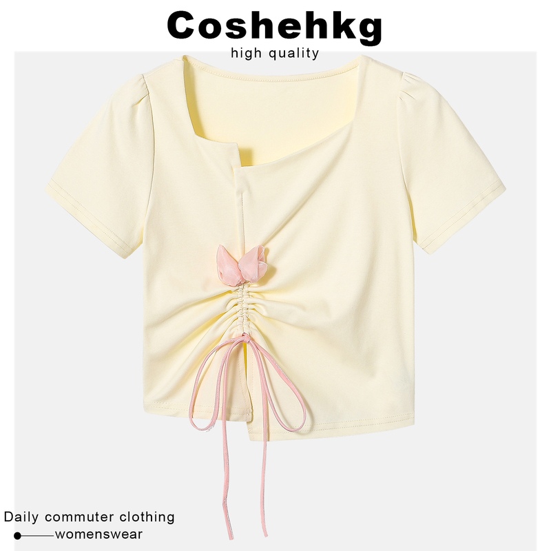 Coshehkg/Sweet Hot Girl Bow Short Sleeve T-Shirt Women's Summer New Design Drawstring Spliced Flower Top