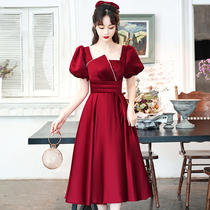 Satin toast bride 2021 new winter engagement dress light luxury wine red evening dress