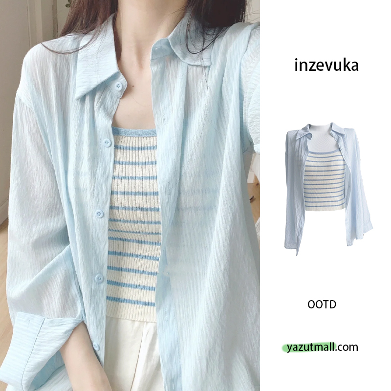 A Complete Set of Salt-Style Casual Outfits for Women: Summer Striped Short Camisole, Breathable Thin Sun-Protective Shirt Set A Complete Set of Salt-Style Casual Outfits for Women: Summer Striped Short Camisole, Breathable Thin Sun-Protective Shirt Set