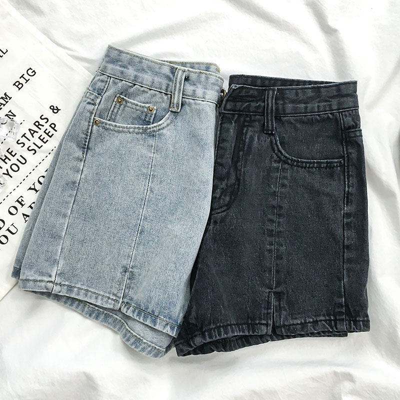 2020 sinh viên thẳng lưng cao mới Đen denim quần short phụ nữ mất một chữ quần rộng chân hiển thị ins mỏng quần nóng