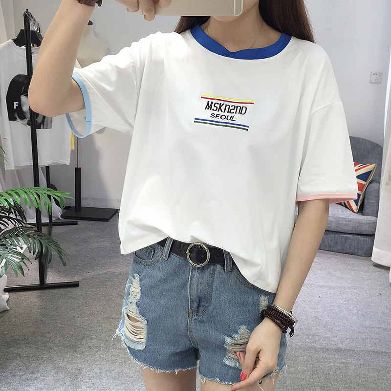 Màu sắc phù hợp với cổ áo ngắn tay t-shirt nữ Hàn Quốc phiên bản của thêu lỏng thư vòng cổ sinh viên áo hoang dã 2018 mùa xuân và mùa hè phong cách mới