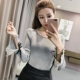 Mùa xuân 2019 mới của phụ nữ phiên bản Hàn Quốc của chiếc áo len dài tay tự trồng sừng hoang dã của áo sơ mi cổ tròn cổ áo sơ mi nữ áo phông rộng
