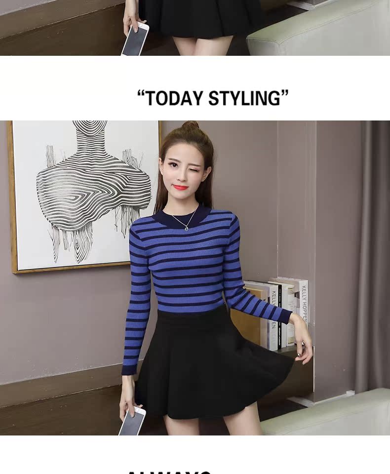 Áo mùa xuân 2019chic nữ sọc nhỏ bó sát mỏng nhỏ cổ cao áo len nữ trùm đầu chạm đáy áo nữ thủy triều cardigan nữ